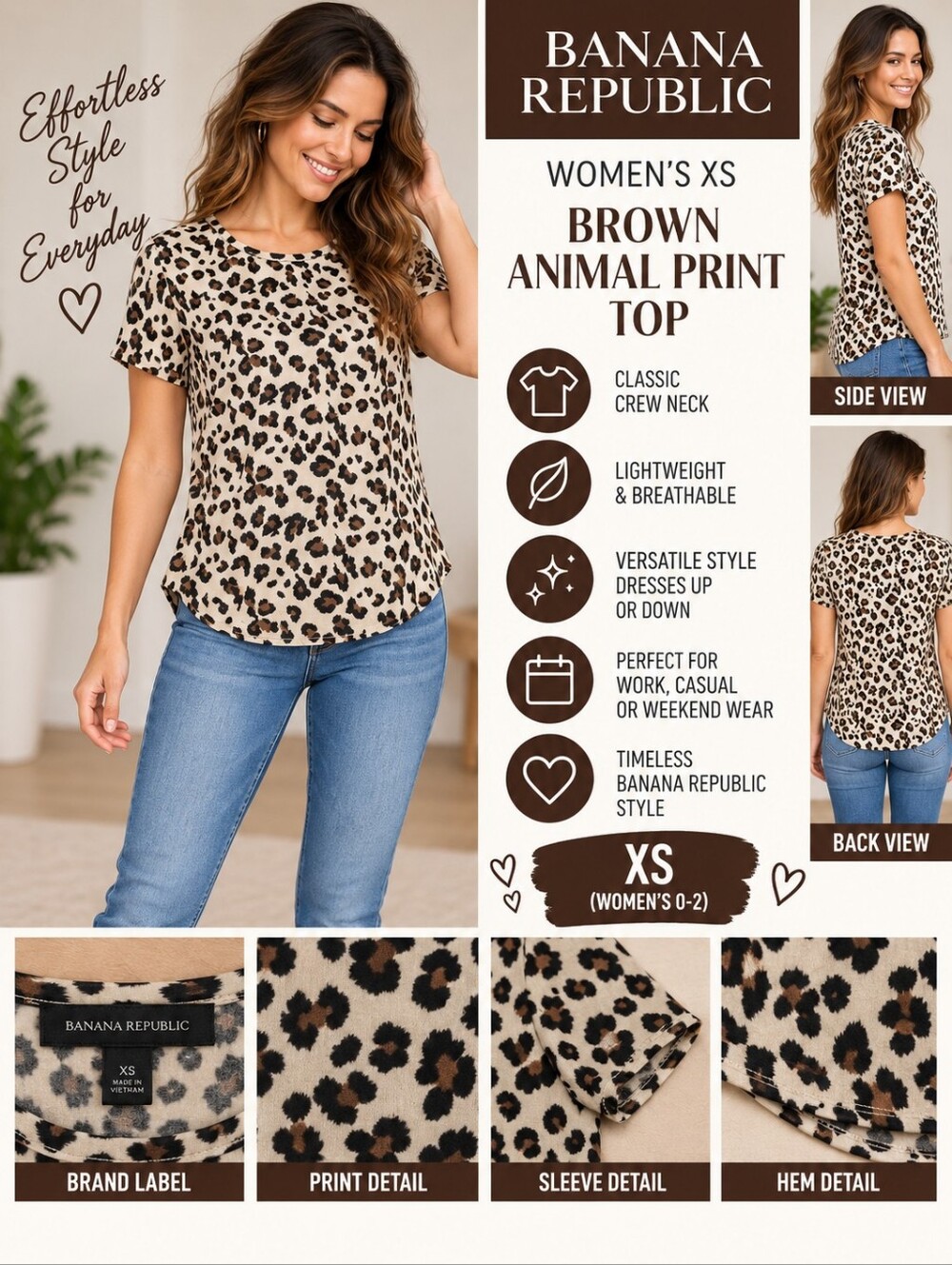 Banana republic Women's XS brown animal print top #34